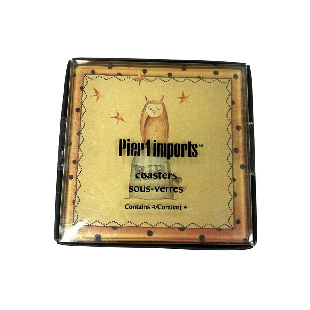 Pier 1 Imports Glass Coasters Old World Halloween Set of 4  Witch Ghost Bat Owl